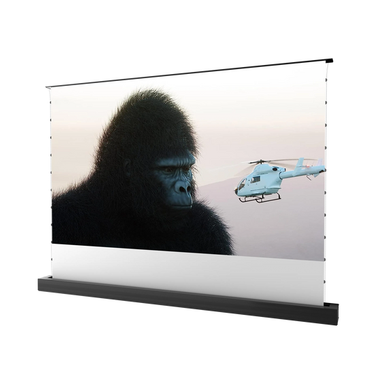 AWOL Vision Mattweiße Leinwand mit Gorilla und Helikopter auf dem Bildschirm.