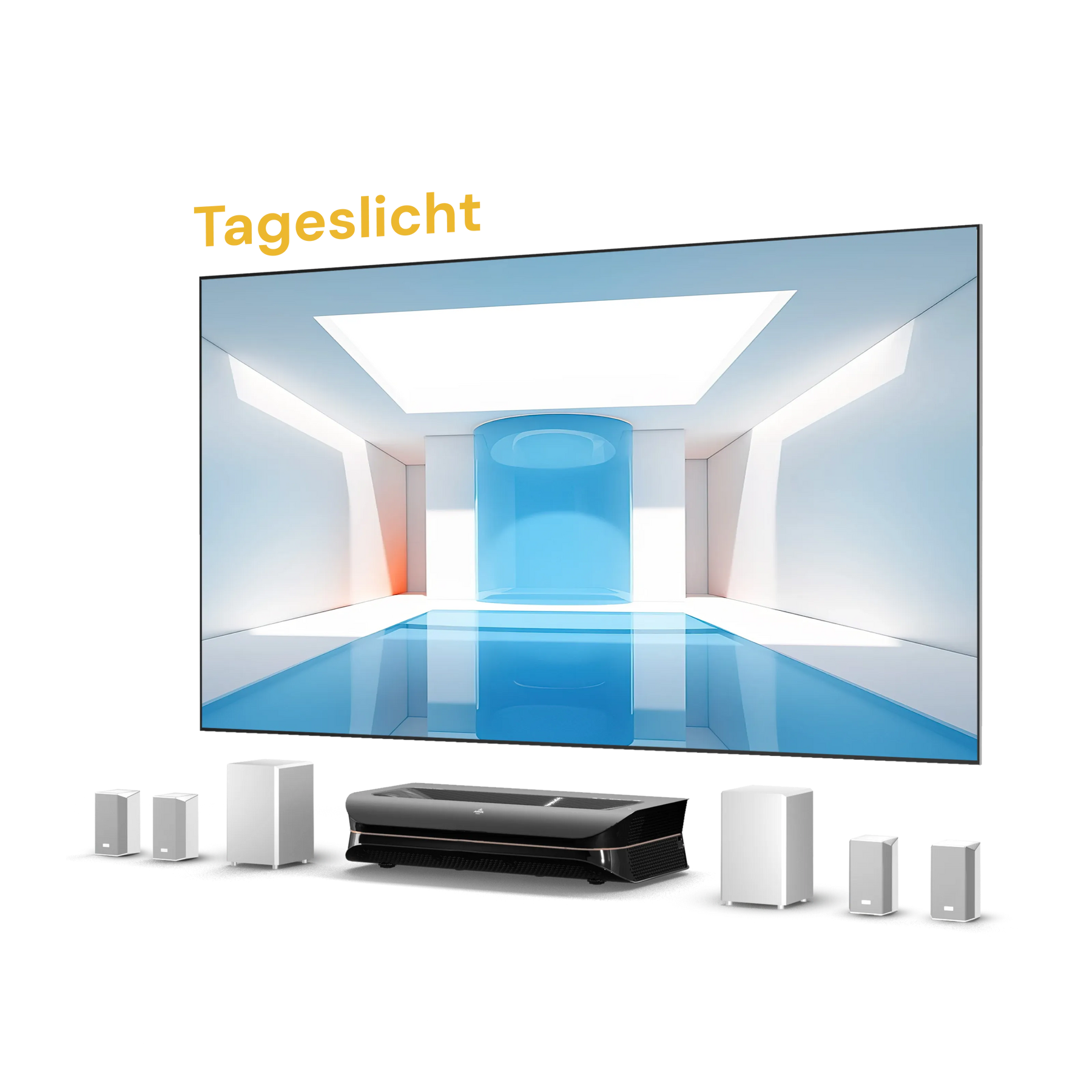 AWOL Theater 3500S Tageslicht Projektor mit Fresnel ALR Leinwand und ThunderBeat Surround System.