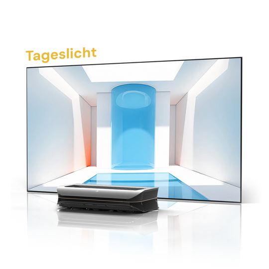 AWOL Vision Beamer und Leinwand für zuhause mit Tageslicht ALR Technologie für klare Projektion.
