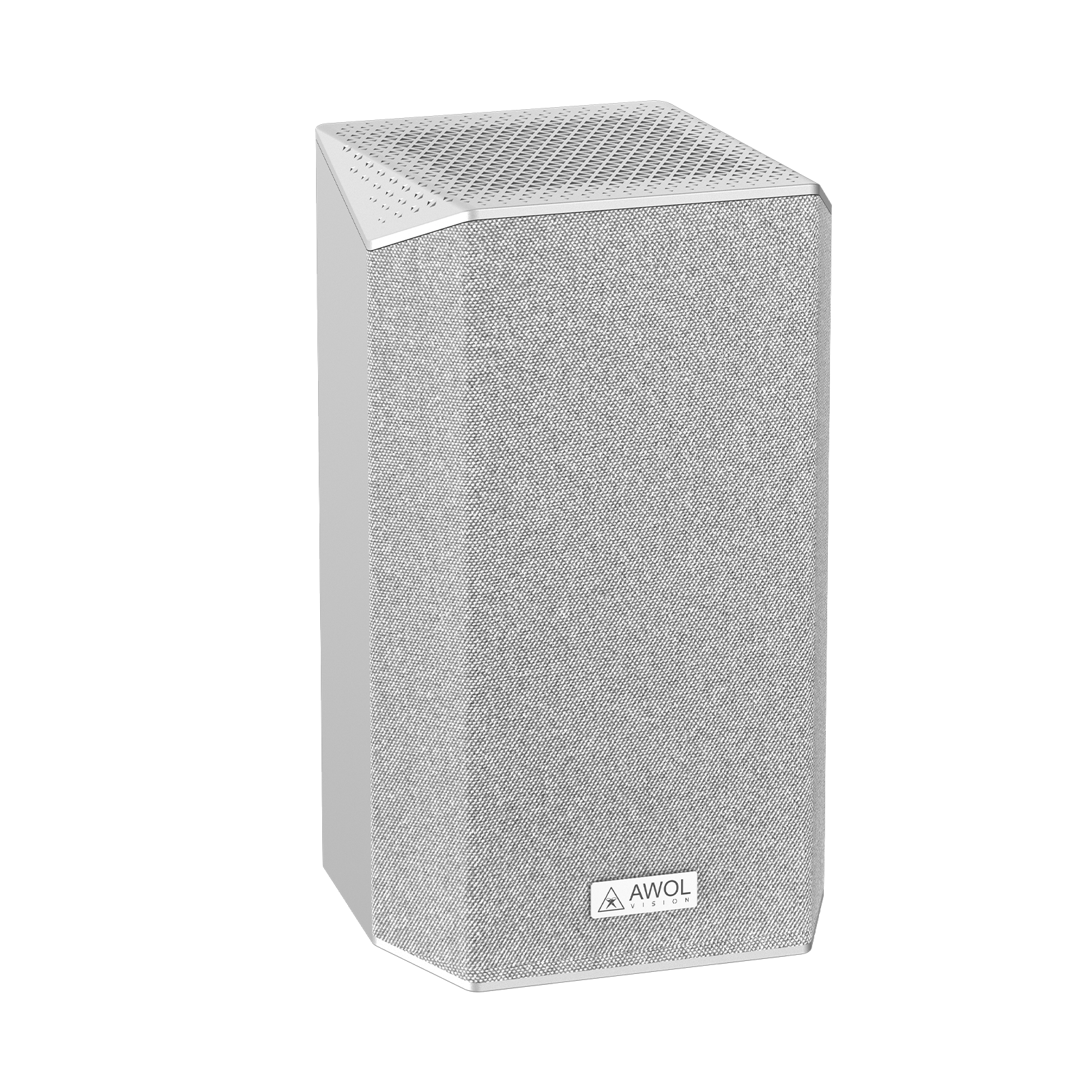 AWOL Vision kabelloser Lautsprecher für Heimkino mit stoffbezogenem Gehäuse als Teil eines eleganten Surround‑Sound‑Systems für Beamer.