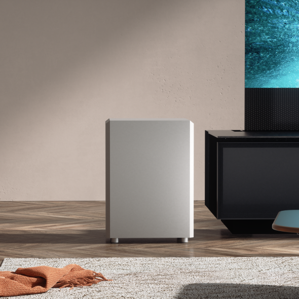 AWOL Vision Subwoofer als Teil eines kabellosen Surround‑Sound‑Systems für die Heimkino Nutzung.