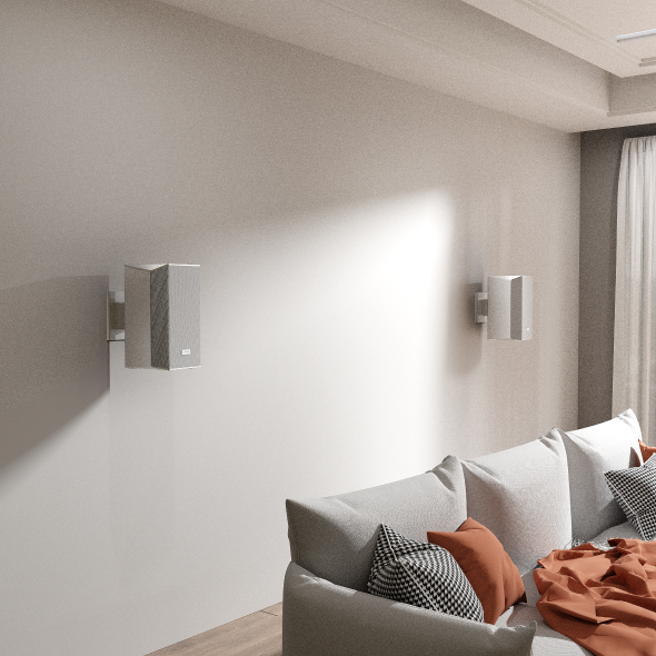 AWOL Vision kabellose Lautsprecher für die Wandmontage hinter dem Sofa als Ergänzung zum Surround‑Sound‑System im Heimkino.