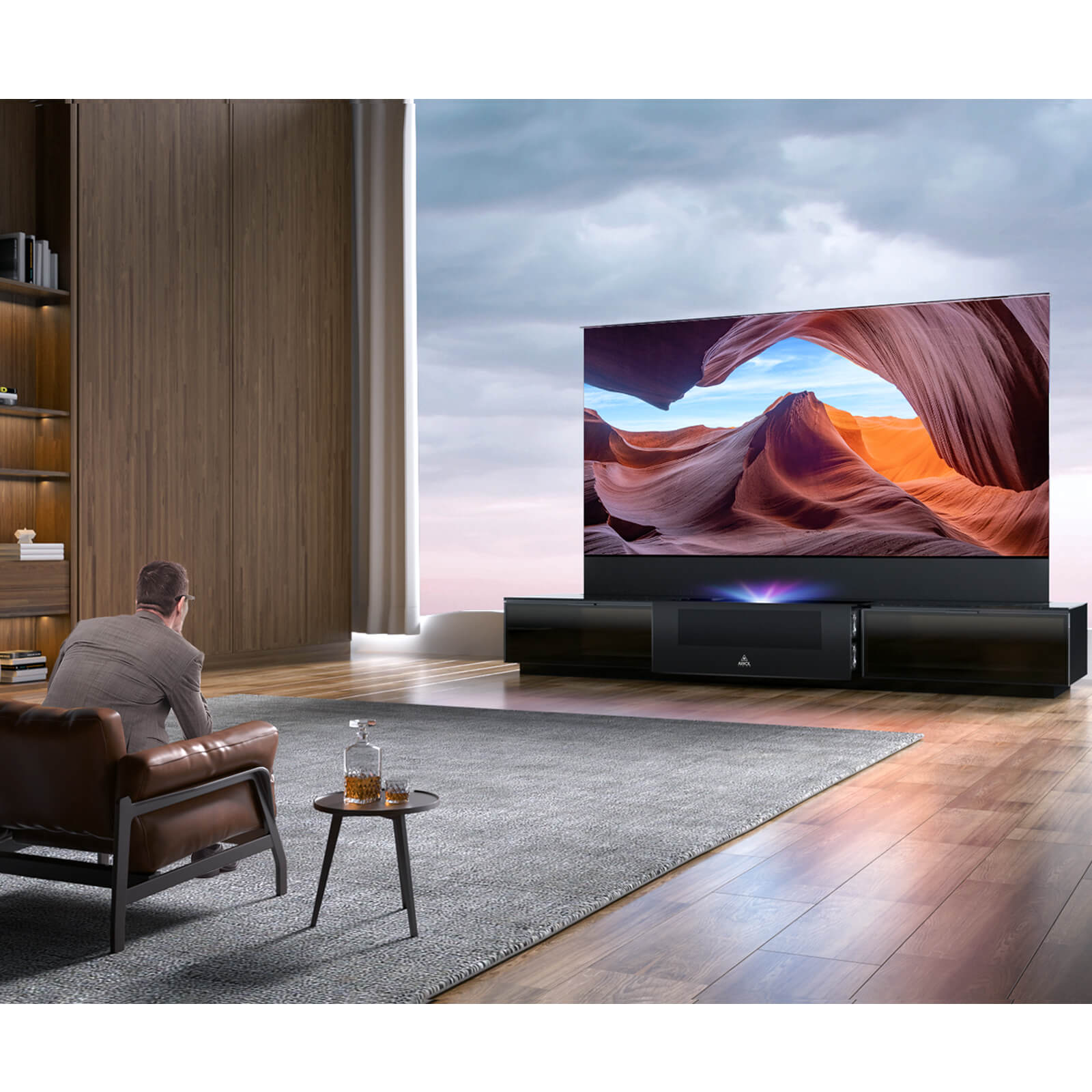 AWOL Vision Vanish Laser TV im ausgefahrenen Zustand als ausfahrbarer Fernseher mit Ultrakurzdistanz Projektion.