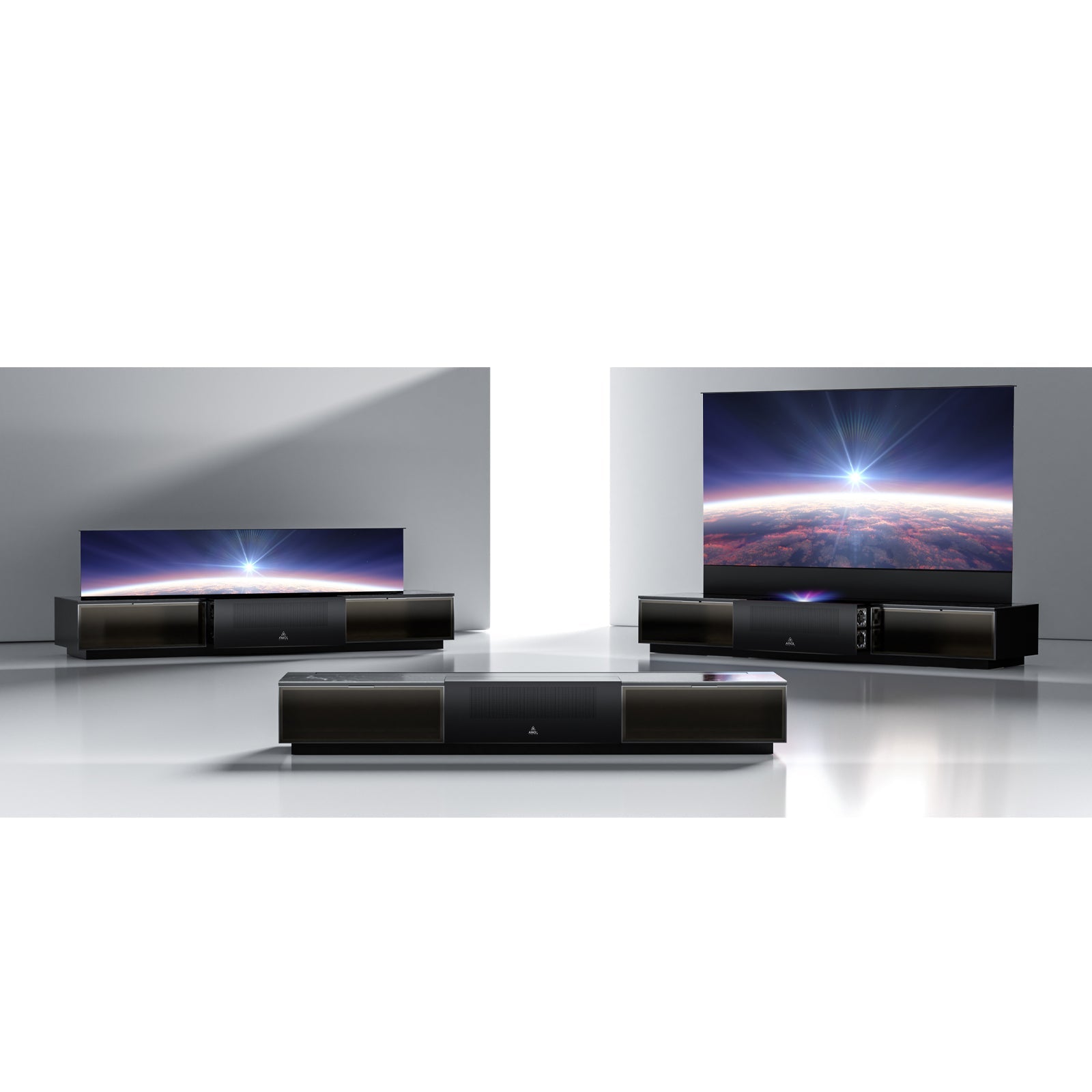 AWOL Vision Vanish Laser TV ausfahrbarer Fernseher mit ALR Technologie in modernem Wohnzimmer platziert.