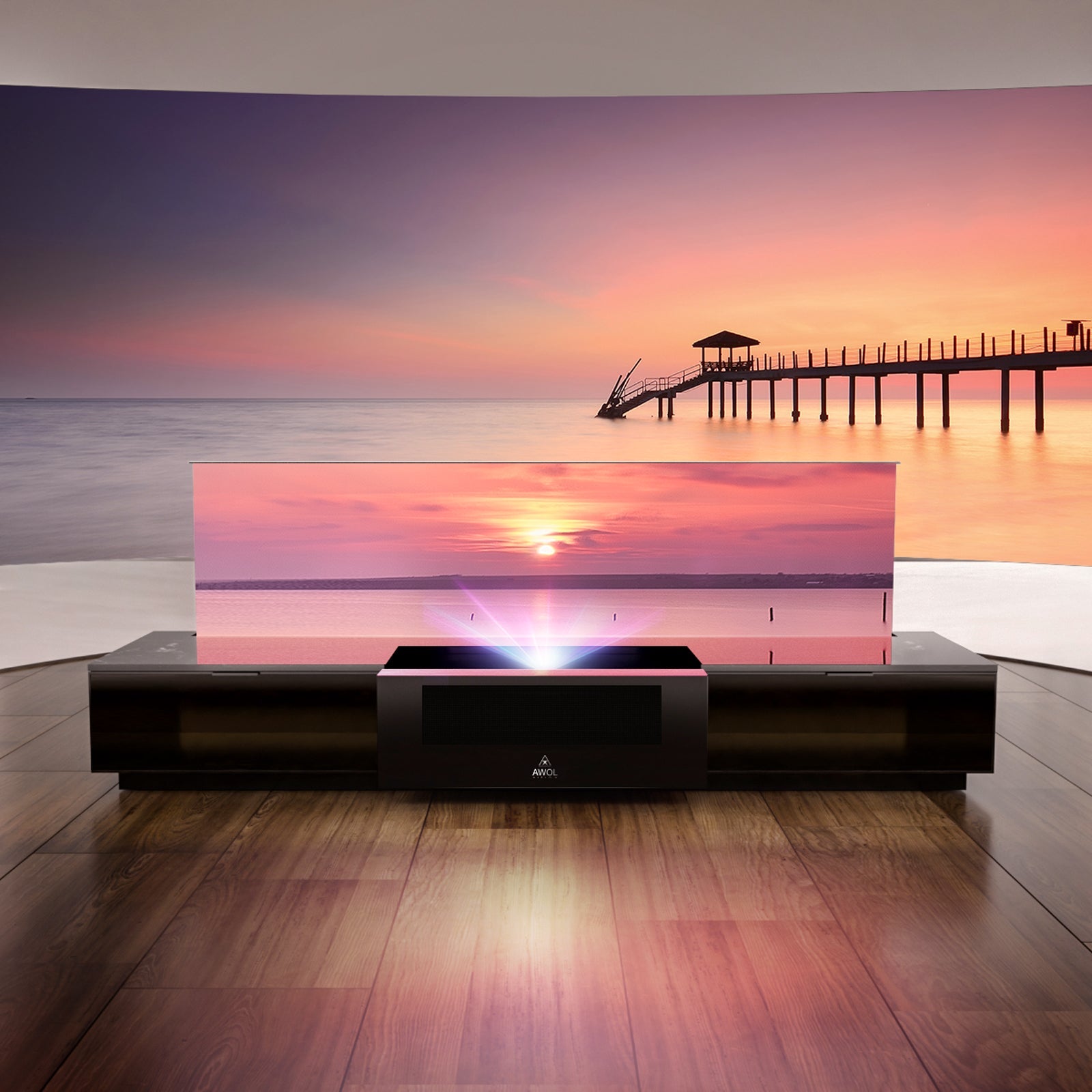AWOL Vision Vanish Laser TV mit halb ausgefahrener 100 Zoll ALR Leinwand zeigt Sonnenuntergang in HDR Qualität.