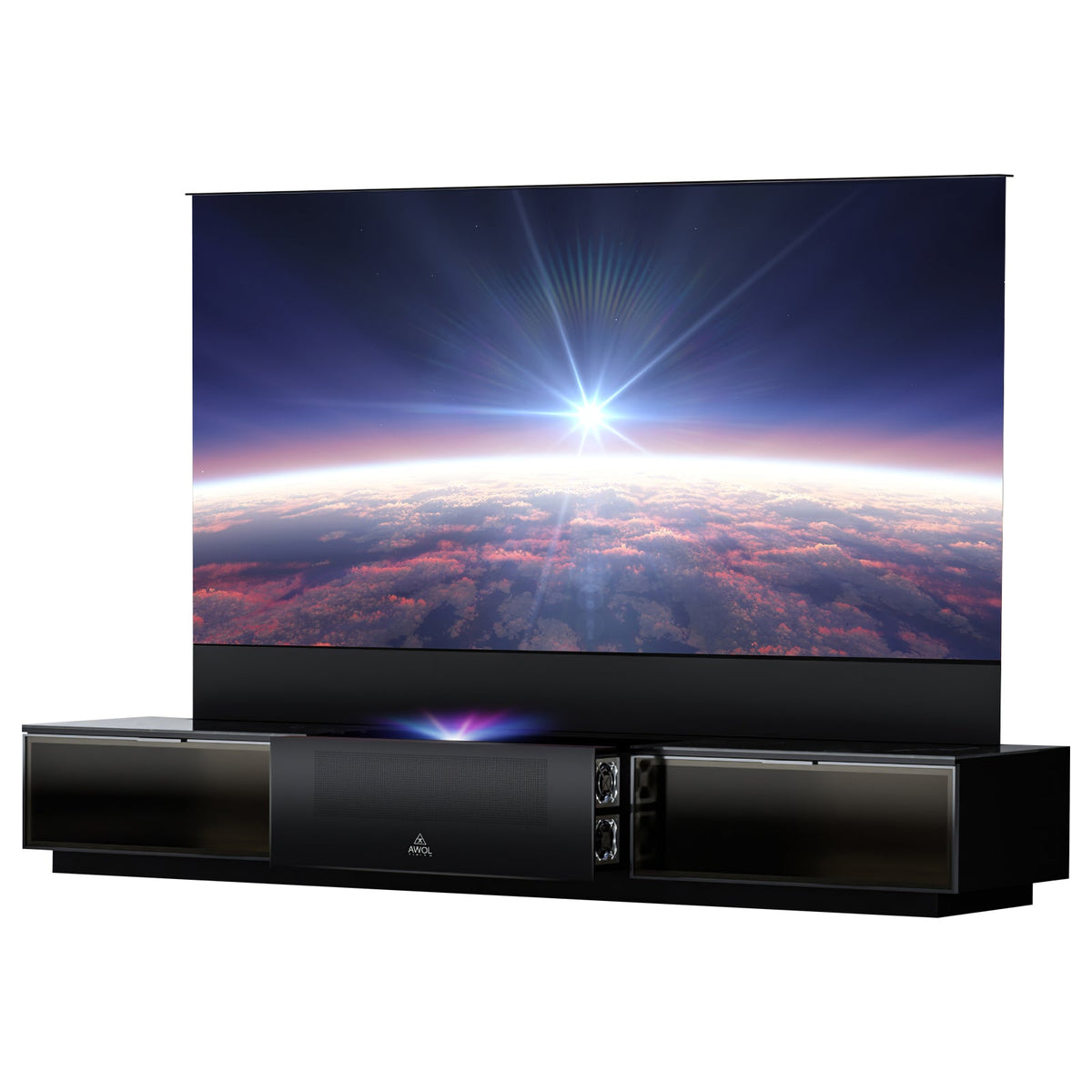 AWOL Vision Vanish Laser TV 150 Zoll ausfahrbarer Fernseher mit kontraststarker Ultrakurzdistanz ALR Leinwand.
