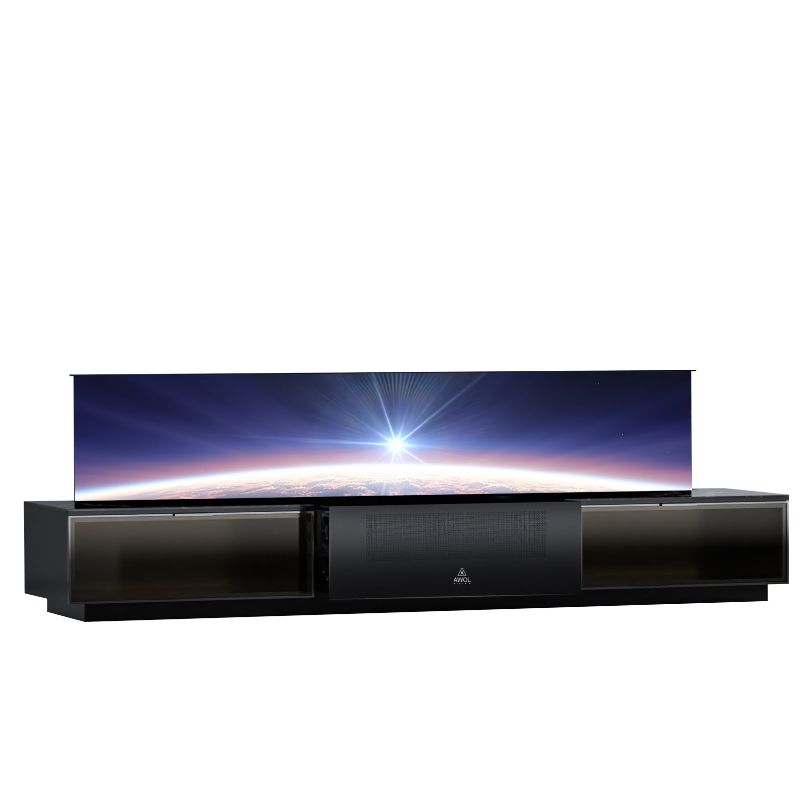 AWOL Vision Vanish Laser TV im geschlossenen Zustand elegantes Design des ausfahrbaren Fernsehers mit ALR Leinwand.