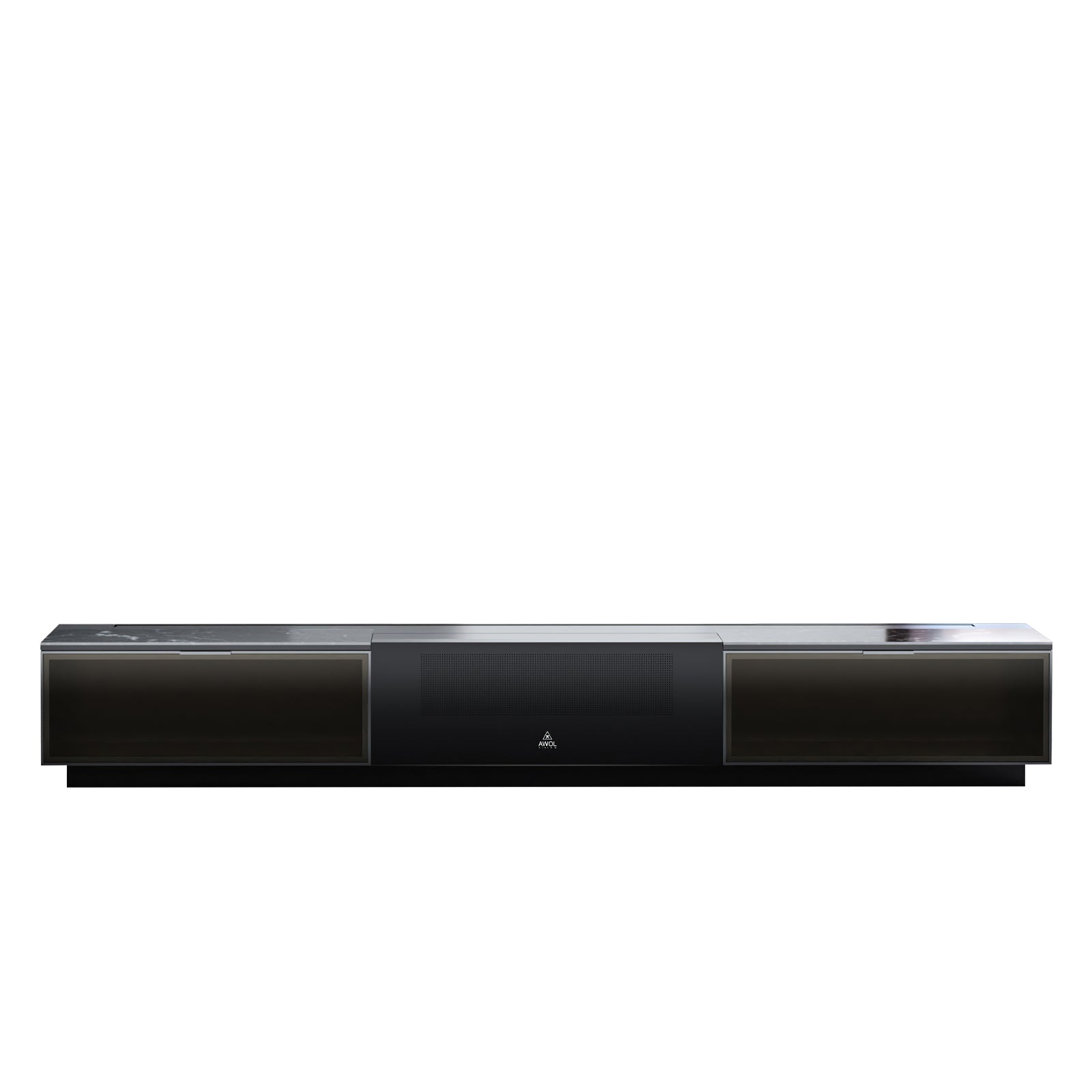 AWOL Vision Vanish Laser TV in Frontansicht ausfahrbarer Fernseher mit kontrastoptimierter Oberfläche.