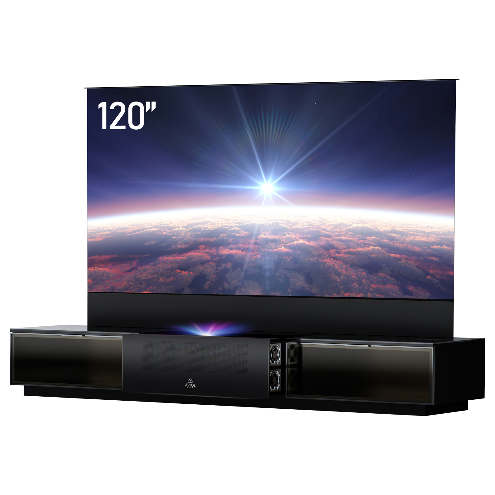 AWOL Vision Vanish Laser TV 120 Zoll Ultrakurzdistanz Fernseher mit großer ausfahrbarer ALR Leinwand für Heimkino.