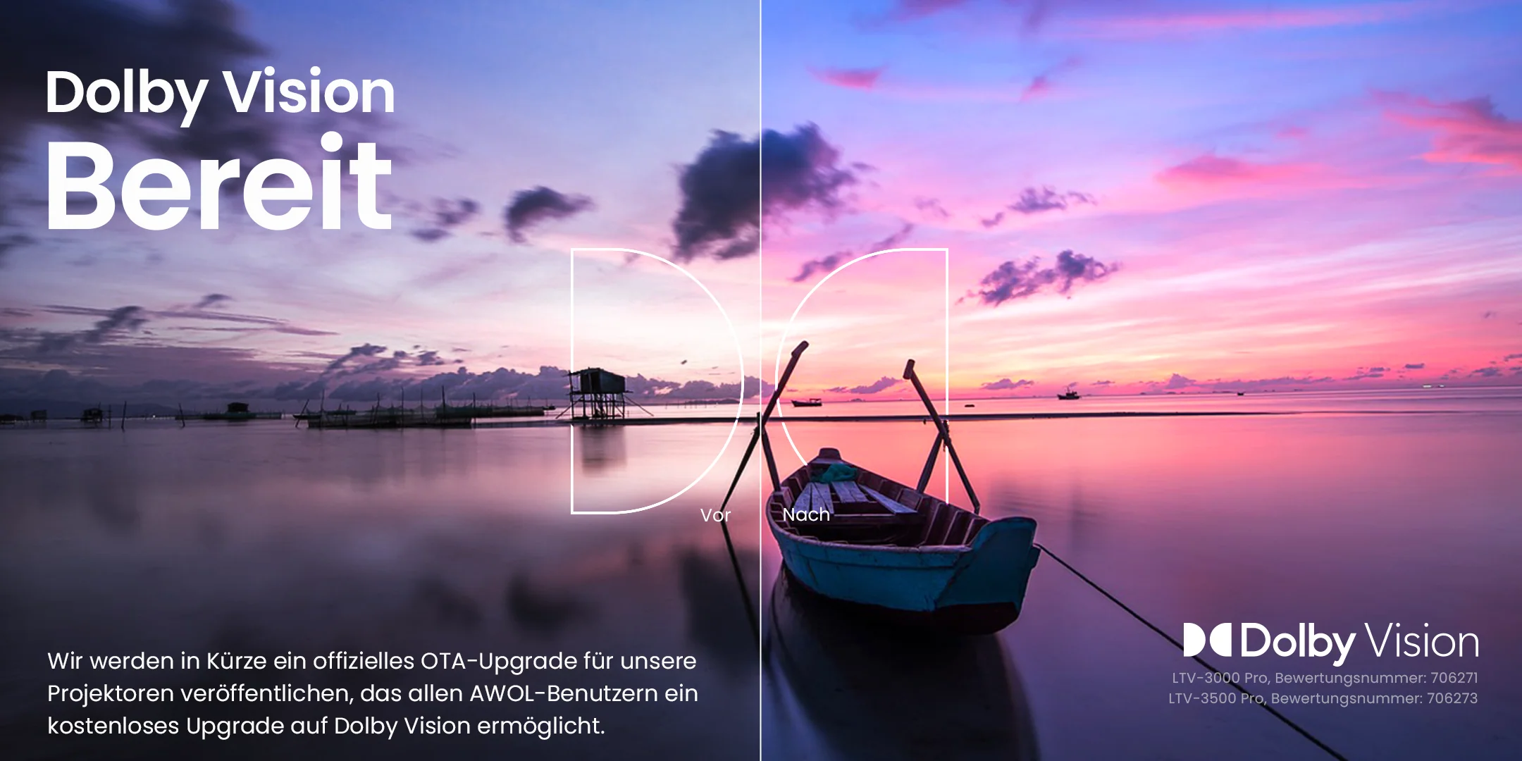 Vergleichsbild, das den visuellen Unterschied von Dolby Vision zeigt: Eine Szene am Meer ist links dunkler und rechts hell, farbenfroh und detailreich dargestellt