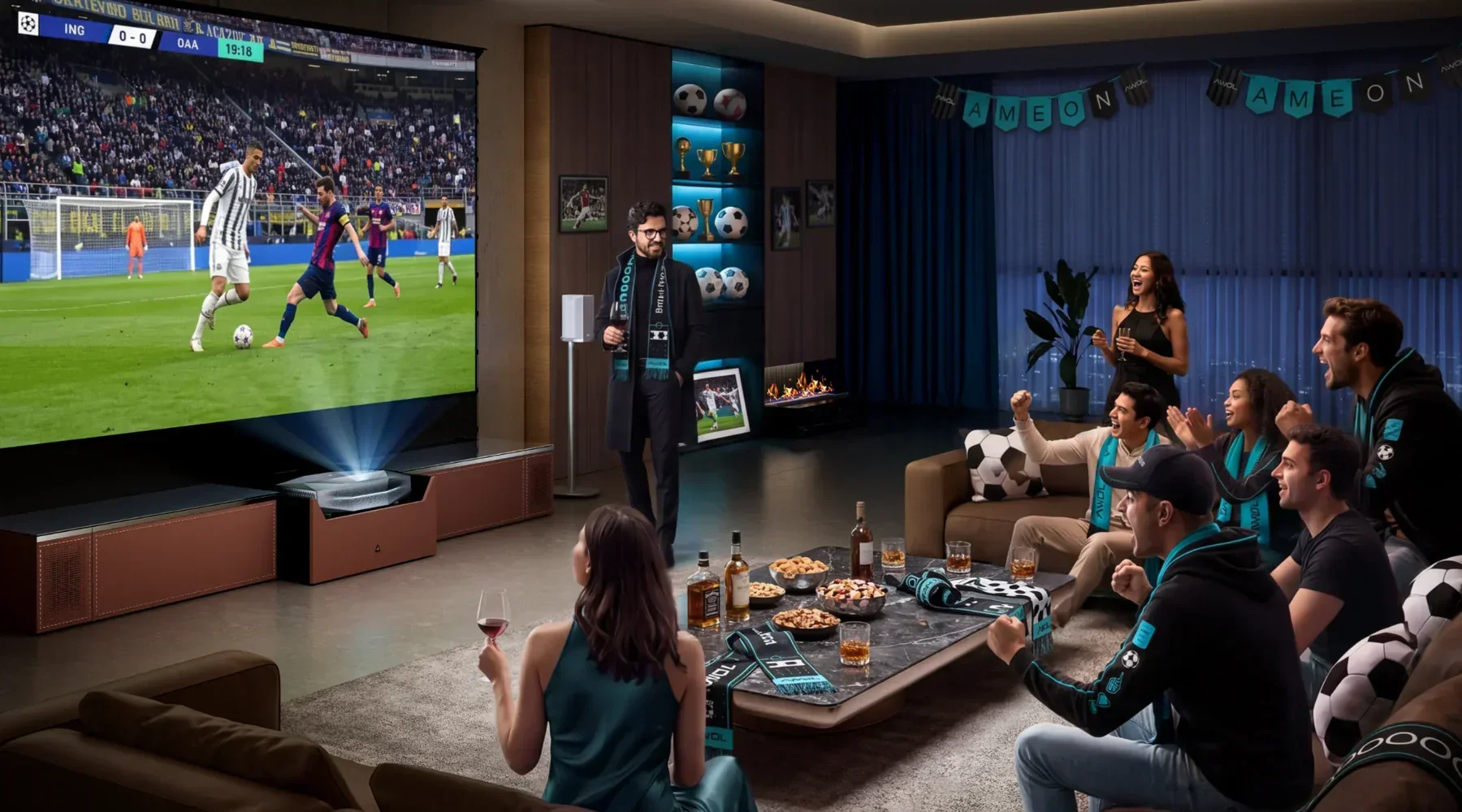 Fußballfans schauen ein Spiel auf einer großen Heimkino-Leinwand mit UST-Beamer.