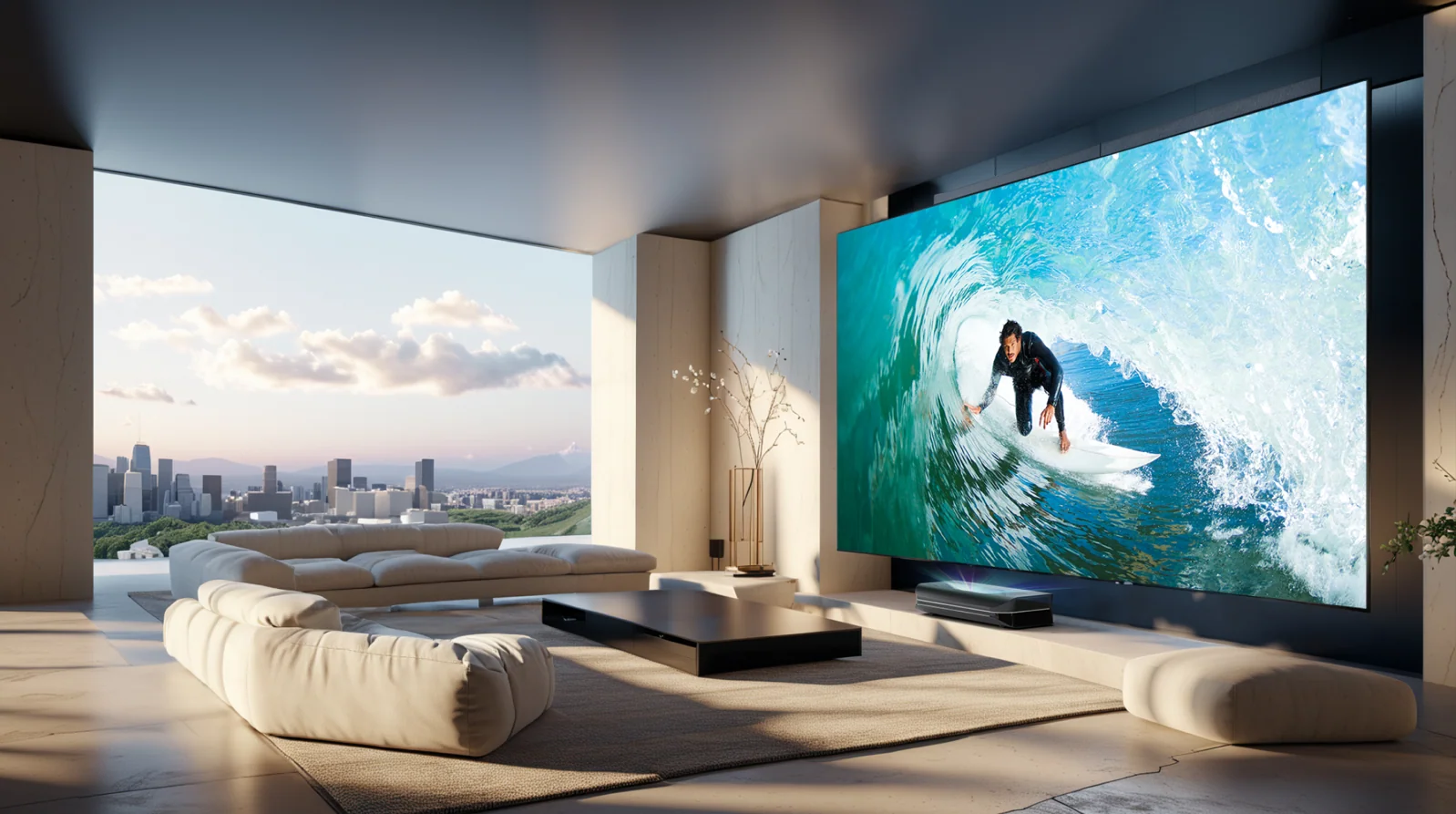 Ein Ultrakurzdistanz-Beamer (UST) projiziert ein großes, helles Bild eines Surfers in einem modernen Wohnzimmer mit Stadtblick.