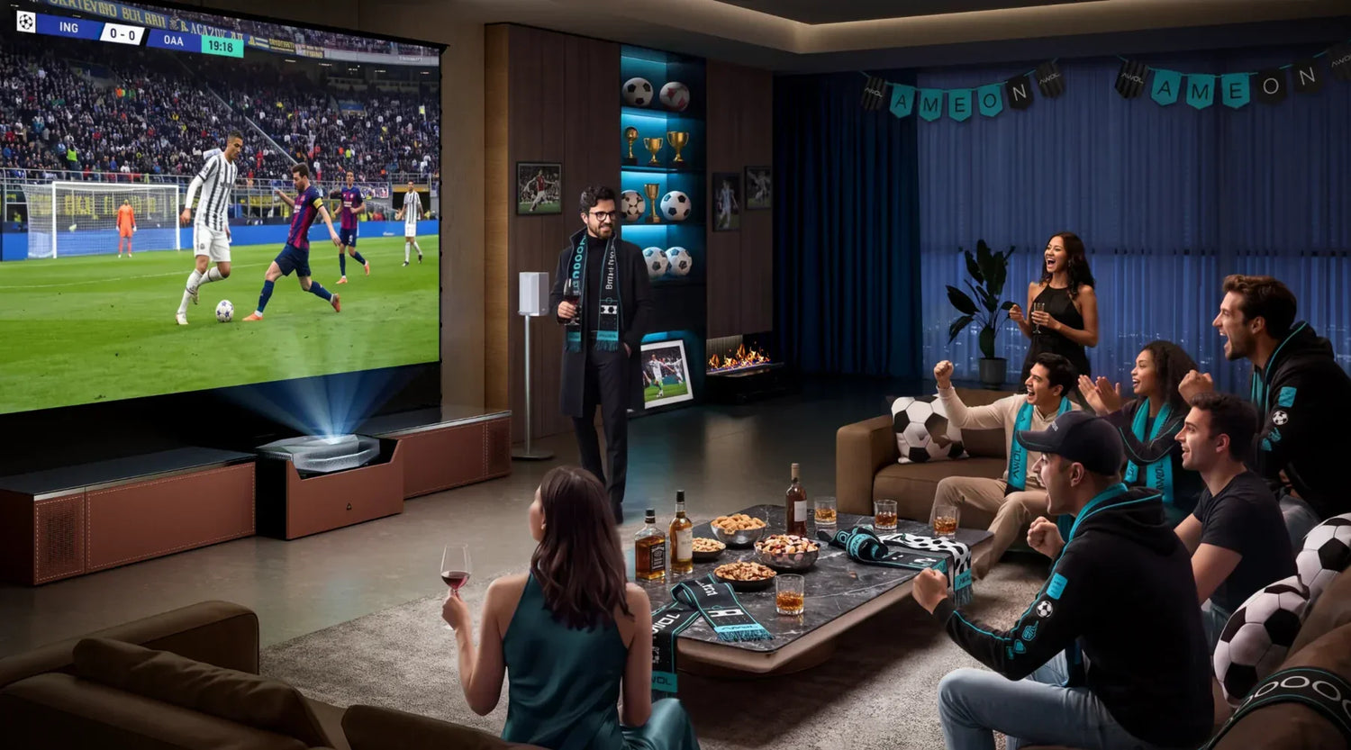 Fußballfans schauen ein Spiel auf einer großen Heimkino-Leinwand mit UST-Beamer.