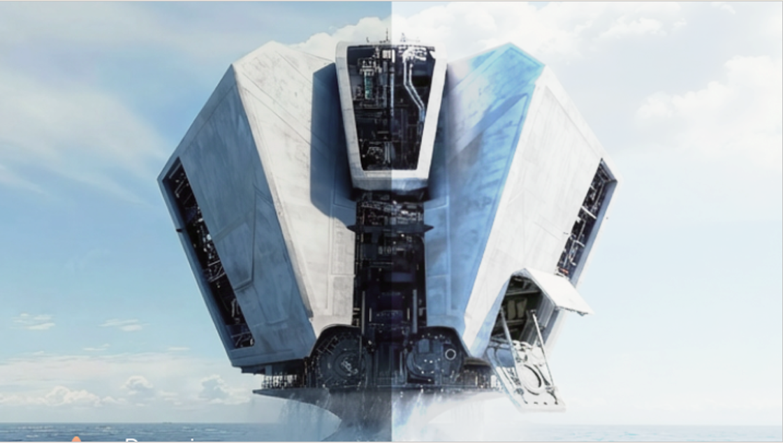 A comparison showing a large, futuristic floating building, with the left displaying deeper contrast and shadow detail, while the right appears brighter and slightly washed out, illustrating different HDR settings.