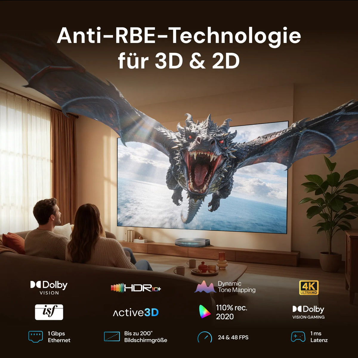 Anti-RBE-Technologie unterstützt beim Aetherion Pro 4K RGB-Laser UST Beamer ein ruhigeres Bild für 2D- und 3D-Inhalte.