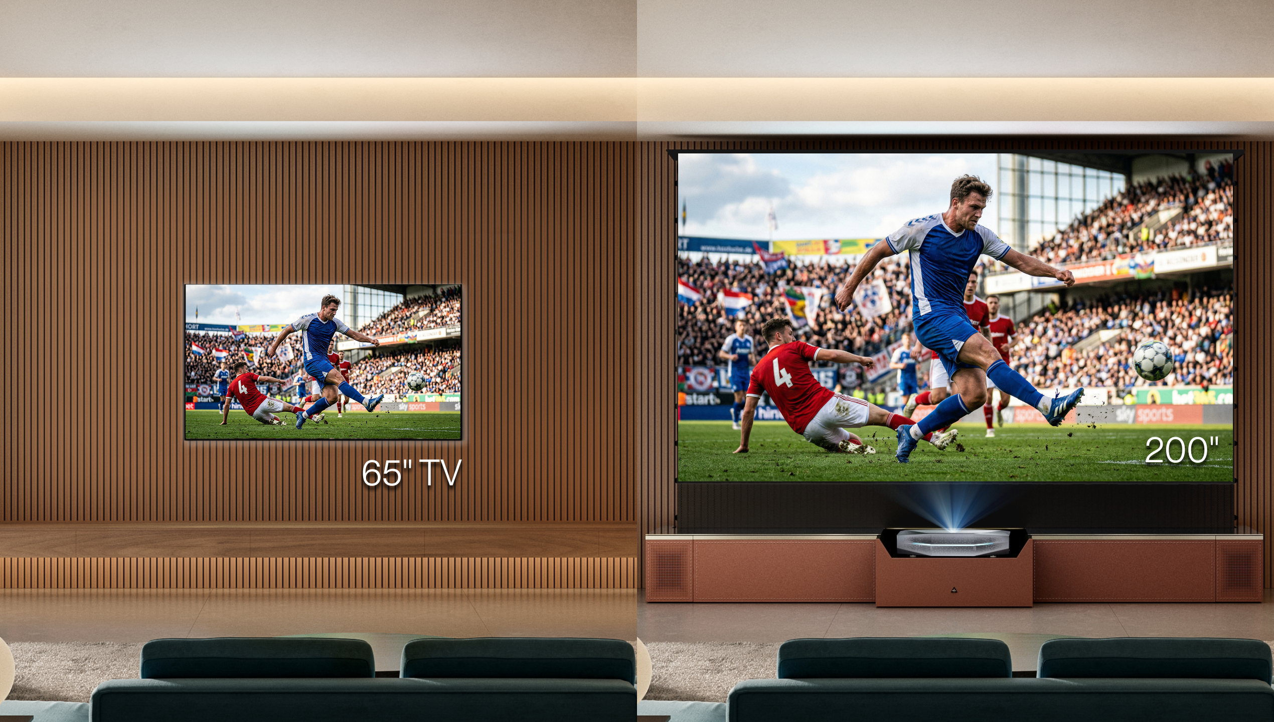 65 Zoll TV im Vergleich mit 200 Zoll Fußball Beamer Bild für ein raumfüllendes Spieltag Heimkino.