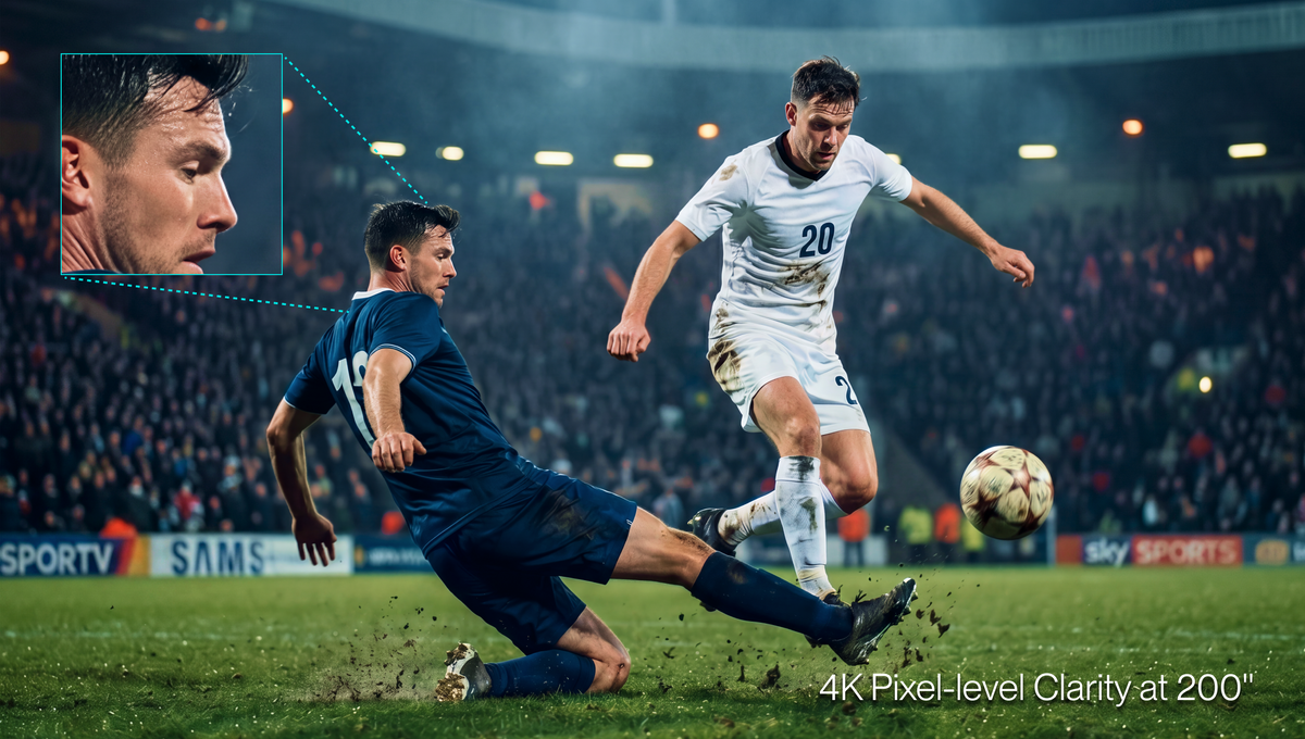 4K Fußball Beamer Bild mit scharfen Details bei 200 Zoll auf AWOL Vision Heimkino Leinwand.