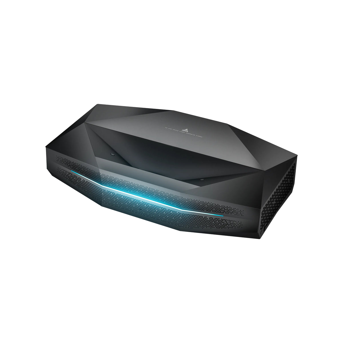 AWOL Vision Aetherion Pro 4K RGB Laser Ultrakurzdistanz Beamer mit geometrischem Gehäuse und blauer Frontlichtlinie.
