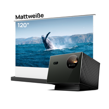 Valerion Pro2 with a 120-inch matte white floor-rising screen for a spacious home theater experience.