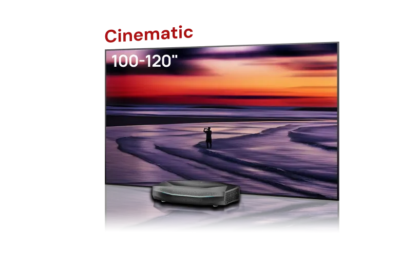 AWOL Vision Aetherion Pro 4K RGB Ultrakurzdistanz Beamer mit 100–120 Zoll Cinematic ALR Leinwand für flexible Heimkino-Projektion.