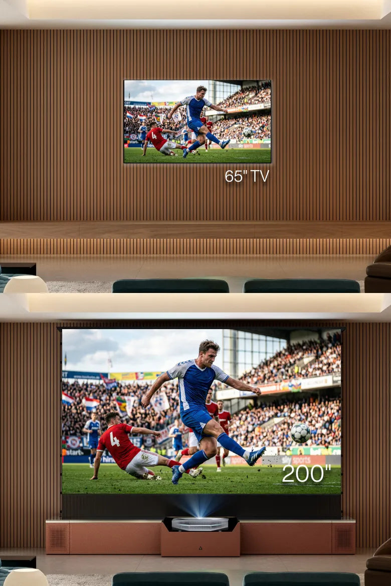 65 Zoll TV im Vergleich mit 200 Zoll Fußball Beamer Bild für ein raumfüllendes Spieltag Heimkino.