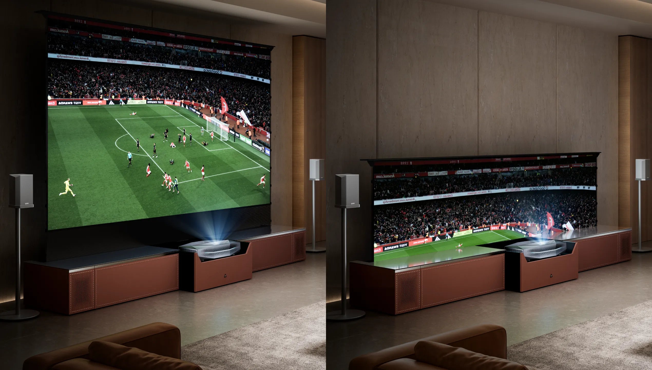 Motorisierte bodenaufsteigende Leinwand mit AWOL Vision Beamer für Fußball Spieltag und dezentes Wohnzimmer Setup.