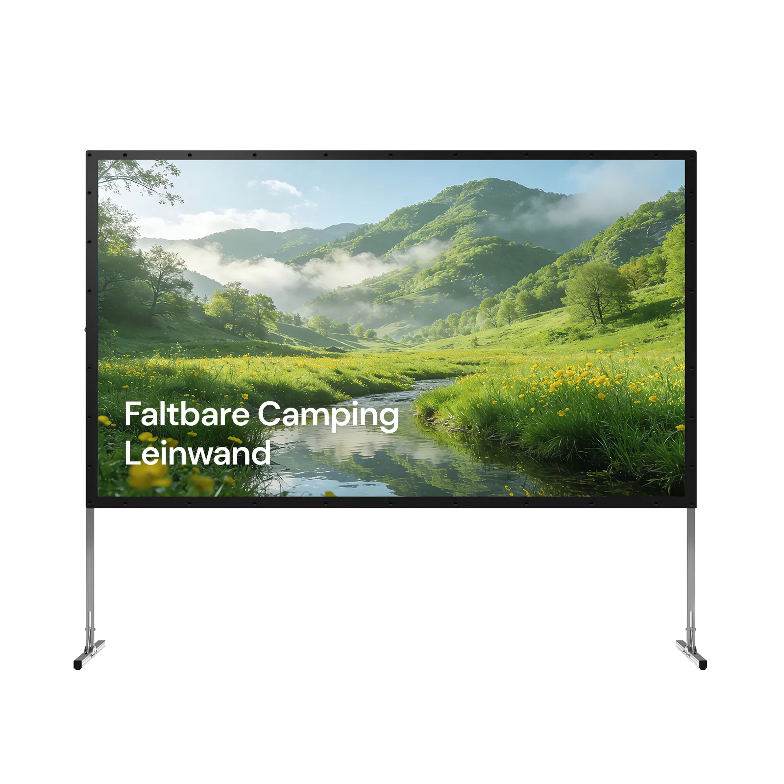 Mobile Outdoor-Beamer-Leinwand 120–200″ mit faltbarem Rahmen und mattweißer Projektionsfläche.