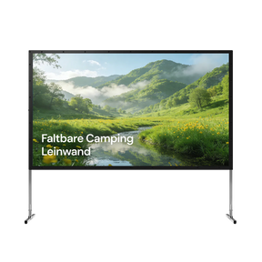 Mobile Outdoor-Beamer-Leinwand 120–200″ mit faltbarem Rahmen und mattweißer Projektionsfläche.