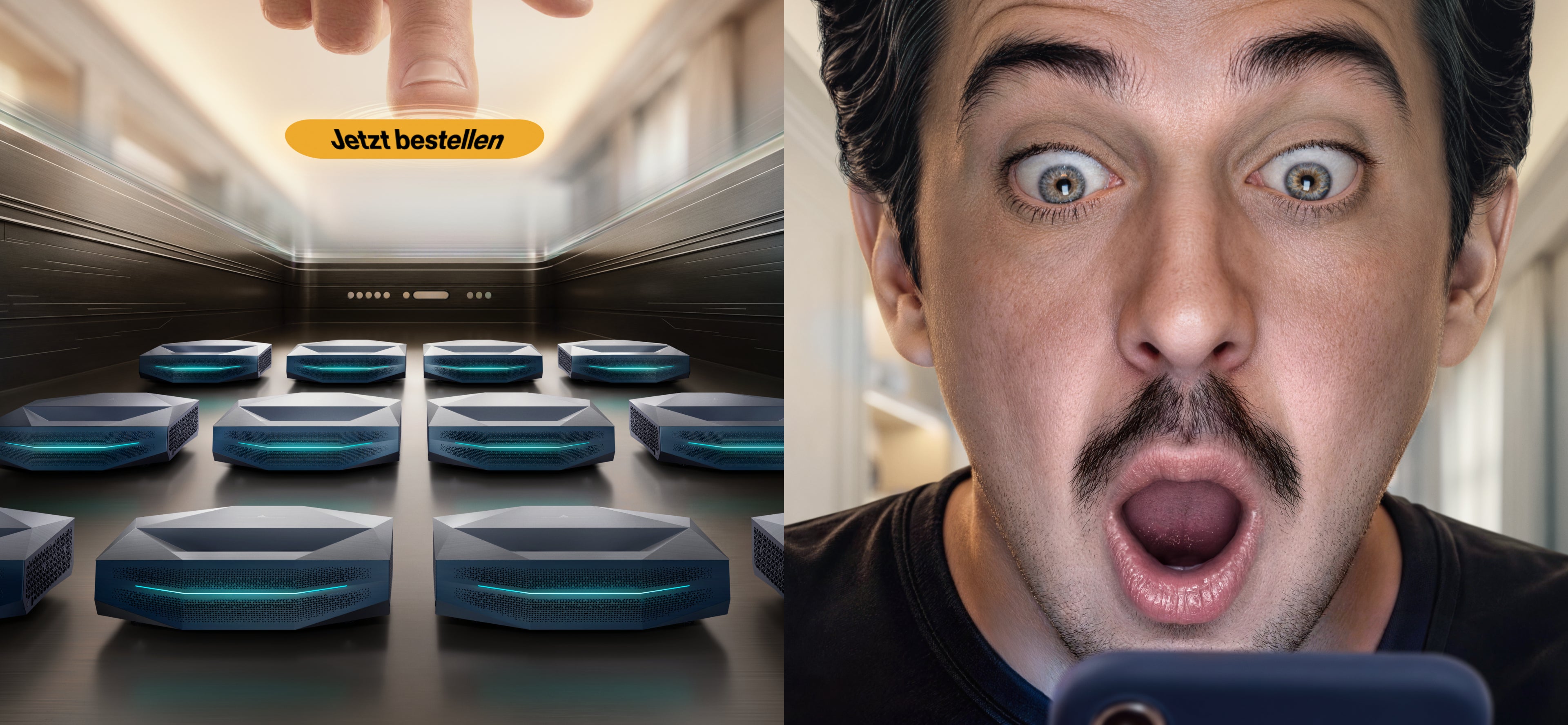 AWOL Vision Aetherion-Projektoren, ausgestellt, mit einem Kunden, der überrascht auf ein zeitlich begrenztes Prime-Day-Angebot reagiert.